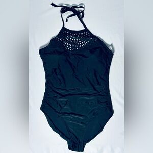 Merona Laser Cut High Neck One Piece Swimsuit Women's Medium Black Excellent